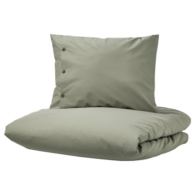 KRÅKRISMOTT duvet & pillowcase in earthy green, made from sustainable cotton/viscose blend, button closure, rectangular shape.