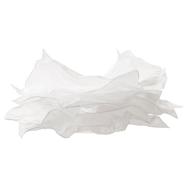 This image shows a white, crumpled paper lampshade named KRUSNING with a soft, diffused lighting effect.