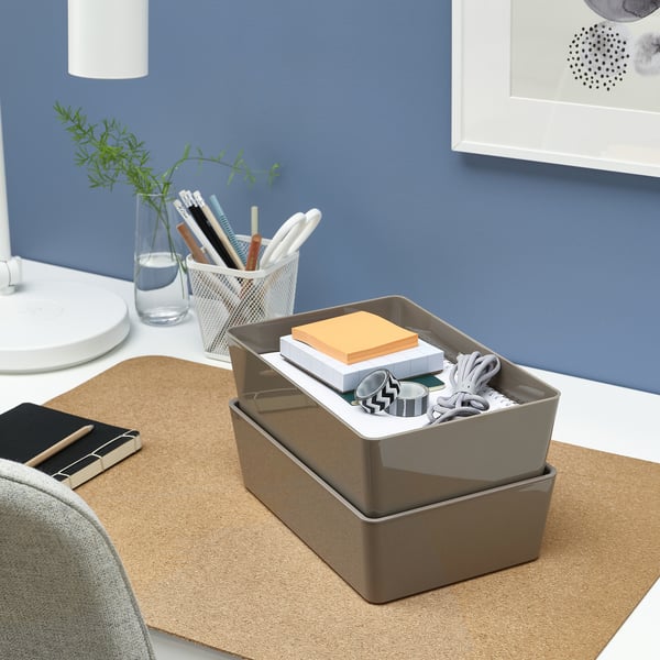 KUGGIS box in gray stores desk items, fits billy shelves, durable recycled pet plastic, rectangular shape, stackable with lid.