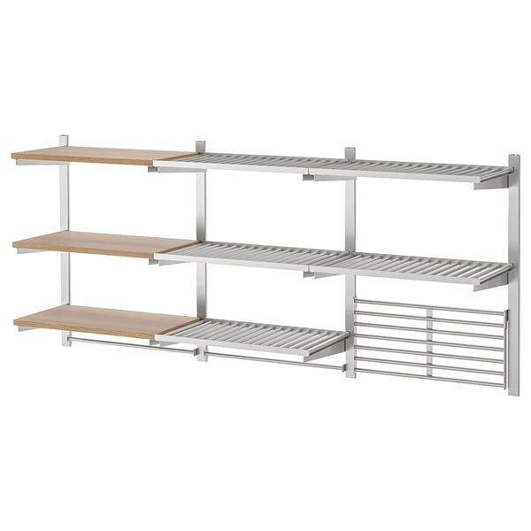 KUNGSFORS silver shelf set, wall-mounted, 3 adjustable shelves for kitchen storage.