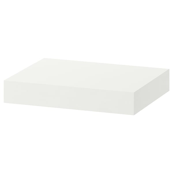 A white wall-mounted rectangle shelf by ikea, sleek and modern.