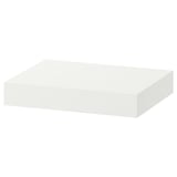 A white wall-mounted rectangle shelf by ikea, sleek and modern.