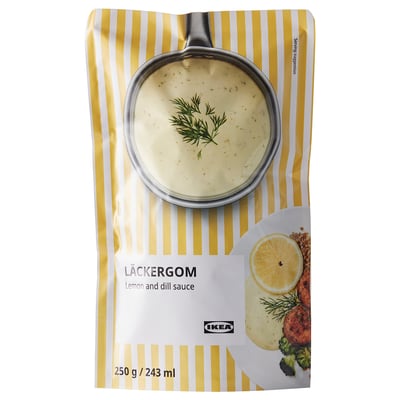 IKEA LÄCKERGOM - lemon dill sauce bag. Shows pan with sauce, lemon, and herbs.