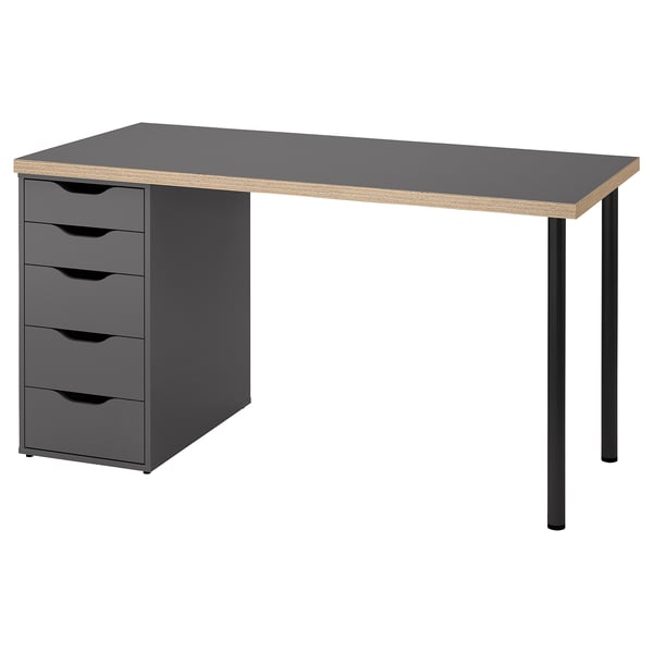Modern gray desk with four drawers, sleek black legs, and a minimalist design. Honeycomb-patterned edge banding adds style.