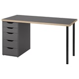 Modern gray desk with four drawers, sleek black legs, and a minimalist design. Honeycomb-patterned edge banding adds style.