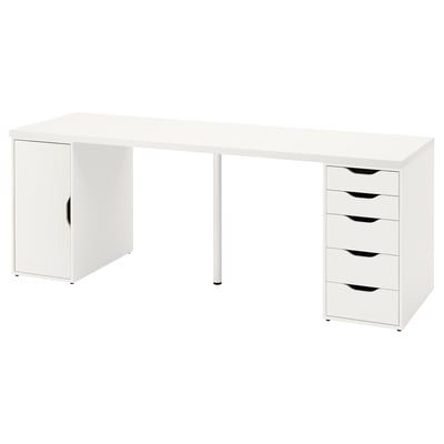White LAGKAPTEN desk with cabinet and drawers. Modern, minimalist design for storage and workspace.