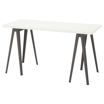 LAGKAPTEN: modern white desk with angular black legs, minimalist design.