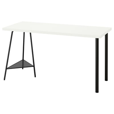 LAGKAPTEN: modern white desk with black metal legs, rectangular shape, and sturdy design.