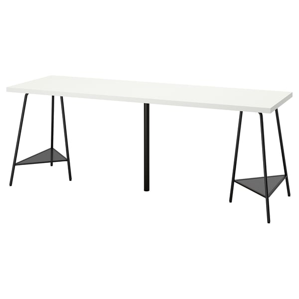 LAGKAPTEN: white rectangular tabletop, black metal legs with triangular supports. Modern, minimalist design, functional and eco-friendly.