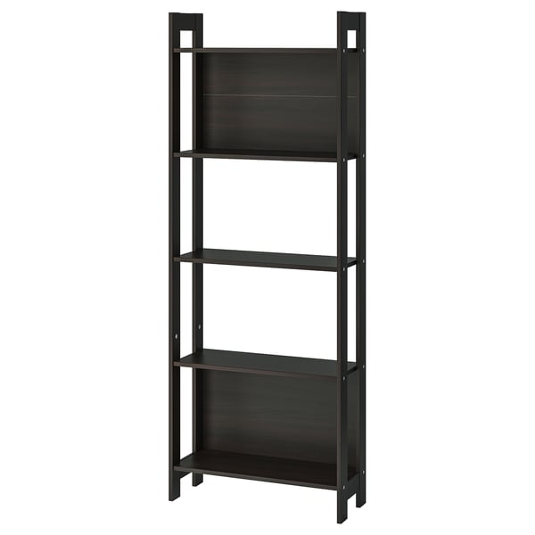 LAIVA black bookcase, slim and tall with four open shelves, made of particleboard and melamine foil for modern storage.