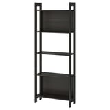 LAIVA black bookcase, slim and tall with four open shelves, made of particleboard and melamine foil for modern storage.