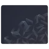 Black rectangular gaming mouse pad with white geometric patterns.