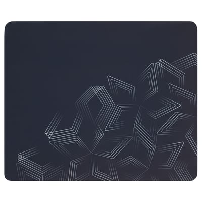 Black rectangular gaming mouse pad with white geometric patterns.