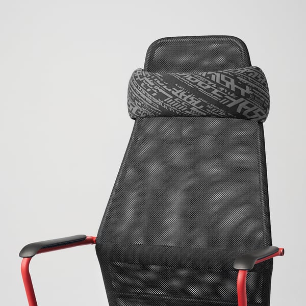Black gaming chair with red arms, featuring adjustable neck pillow for comfort.
