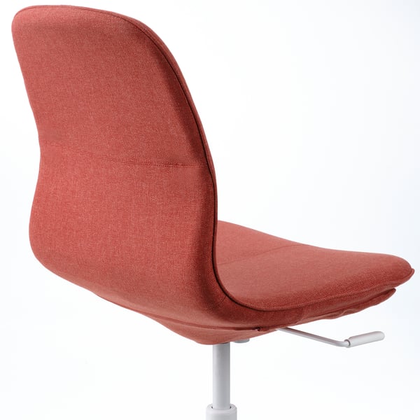 Red ergonomic office chair with lumbar support and tilt function.