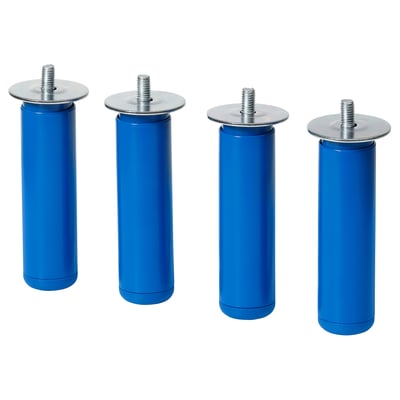 Four blue cylindrical LÄTTHET legs with silver caps and screws, evenly spaced, standing upright.