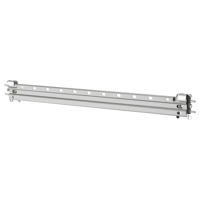 Silver metal rail with hooks for mounting, part of ikeas LÄTTHET exterior storage solution.