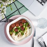 Plant-based meal: meatballs, mashed potatoes, broccoli, sauce. Ready to eat.