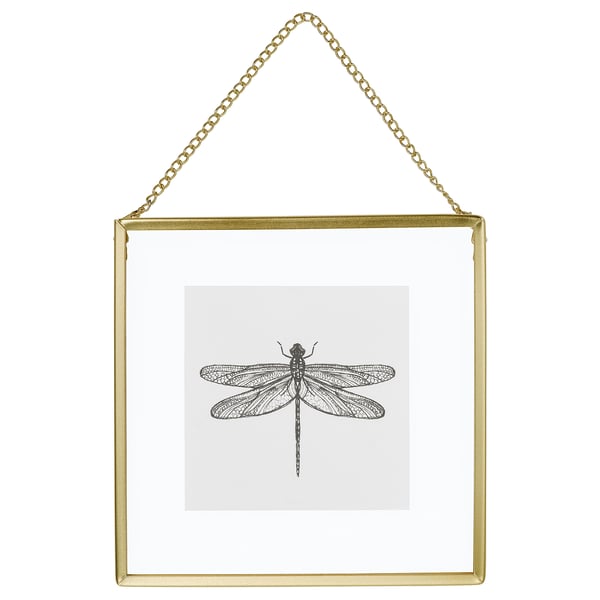 LERBODA gold square photo frame with hanging chain, featuring black and white drawing of a dragonfly.