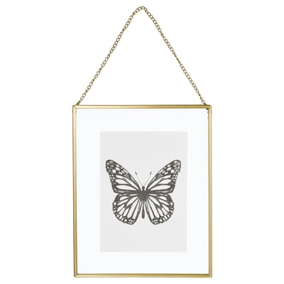 LERBODA gold metal frame with hanging chain, featuring a black and white butterfly illustration. Neatly designed to hang or stand.