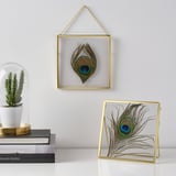 Two gold-framed peacock feather artworks displayed; one hangs on the wall, the other stands on a surface, showcasing interchangeable motifs.