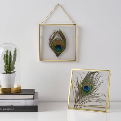 Two gold-framed peacock feather artworks displayed; one hangs on the wall, the other stands on a surface, showcasing interchangeable motifs.