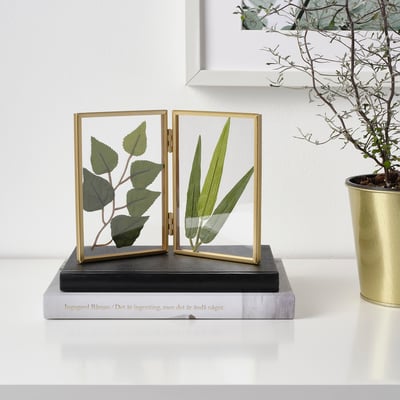 Gold double picture frame on books with green leaf motifs.