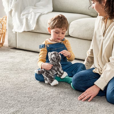 LILLEPLUTT kitten toy: grey and white plush, soft, huggable, friendly design.