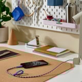 Tidy home office with blue phone charger, organized pegboard, scissors, watering can, speaker.