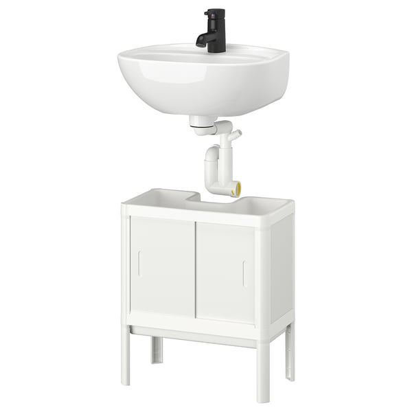 A white LILLTJÄRN bathroom cabinet with a rounded basin and black faucet, ideal for small spaces.