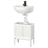 A white LILLTJÄRN bathroom cabinet with a rounded basin and black faucet, ideal for small spaces.