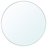 This image shows a LINDBYN round mirror in silver with a sleek aluminum frame.