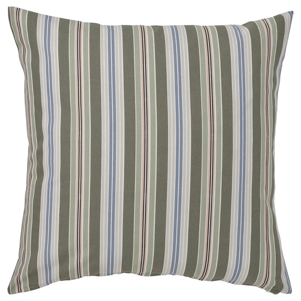 Square throw pillow with green, white, and blue stripes, made from recycled materials.