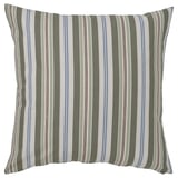 Square throw pillow with green, white, and blue stripes, made from recycled materials.