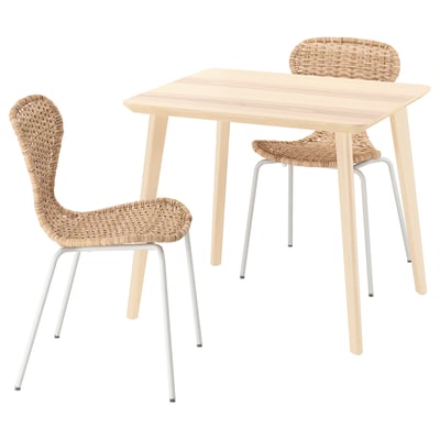 Natural wooden table and woven chairs set. Sturdy design, light wood tone, perfect for dining or study.