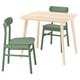 Modern light wood dining set with 2 green chairs, perfect for small spaces. Clean, minimalist design.