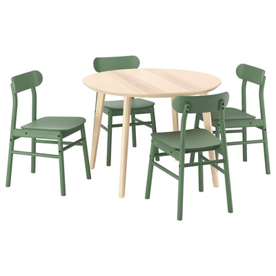 LISABO: green, round dining set with wooden chairs and table.