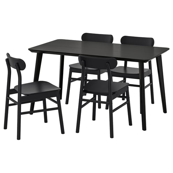 Black LISABO dining set with rectangular table and four matching chairs, sleek modern design with wooden legs.