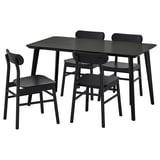 Black LISABO dining set with rectangular table and four matching chairs, sleek modern design with wooden legs.