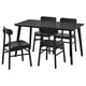 Black LISABO dining set with rectangular table and four matching chairs, sleek modern design with wooden legs.