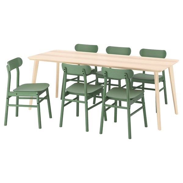 LISABO dining table & 6 green chairs, rectangular top, tapered legs, curved seats
