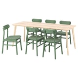 LISABO dining table & 6 green chairs, rectangular top, tapered legs, curved seats