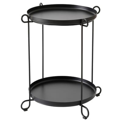 Black LIVELYCKE side table with two round trays, supported by a metal frame with loop handles, perfect for serving and storage.