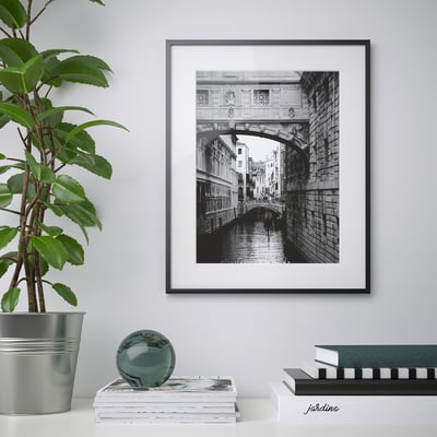 Bridge over canal photo on wall, plant and books nearby.