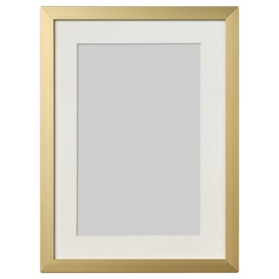 Gold LOMVIKEN picture frame with white mat, metal edge, safely holds 11x14 photo.