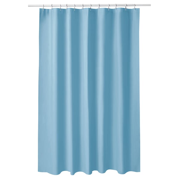 Light blue solid shower curtain, rectangular, water-repellent eva plastic.
