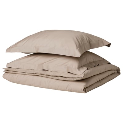 LUKTJASMIN duvet set in grey-beige, smooth fabric, rectangular with envelope closure.