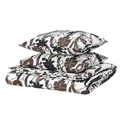 LUNDSKAFTING duvet set in white with brown floral design, crisp cotton blend, rectangular with button closure.