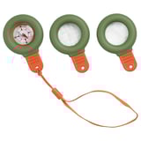 Three green compasses with orange bases and handles, two with clear lenses, one with a compass face, connected by an orange strap.