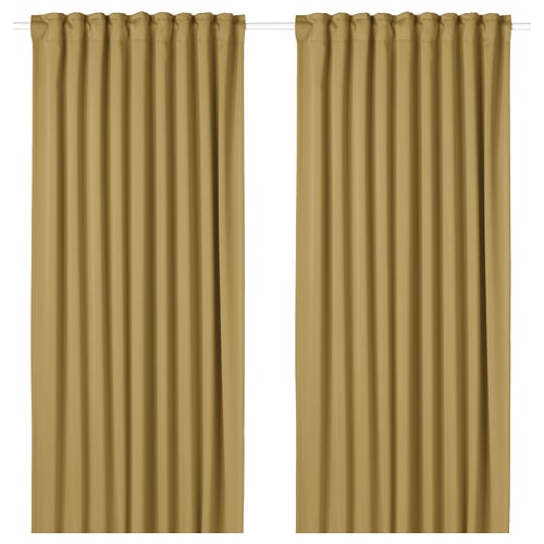 Two beige-yellow MAJGULL room darkening curtains hang side by side, featuring a soft, textured fabric with a multi-way header design.